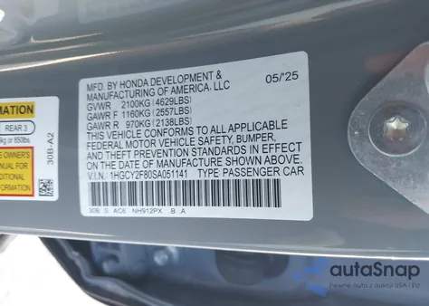 2025 Honda Accord Hybrid Touring из США, поврежденный, VIN 1HGCY2F80SA051141